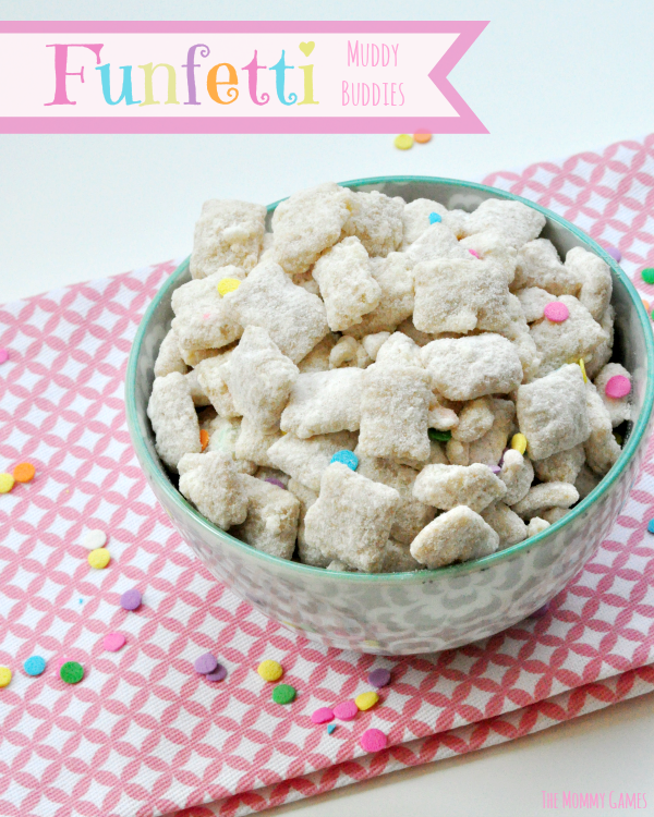 Funfetti Muddy Buddies.  Fun and perfect for a party! {The Mommy Games}