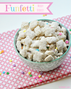 Funfetti Muddy Buddies. Fun and perfect for a party! {The Mommy Games}